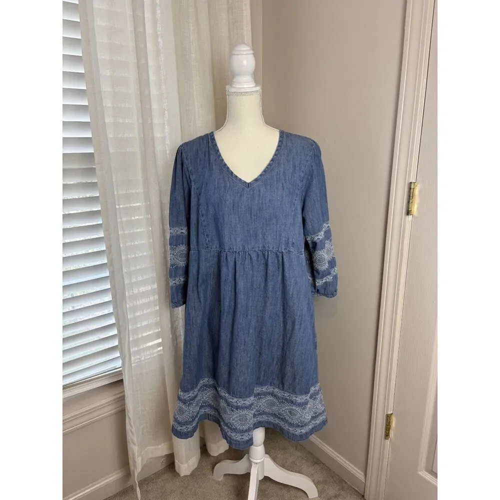 J Jill Denim Blue Jean Dress Embroidered  Summer Knee Length Dress Size Large L - Picture 4 of 8